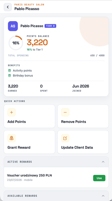 Client view in the staff app